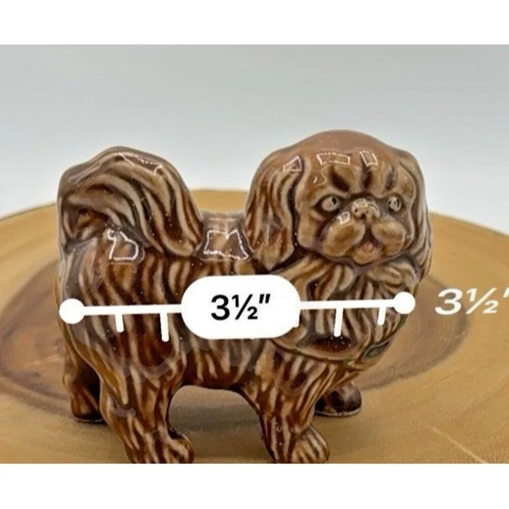 Vintage Porcelain Pekingese Figurine Pekingese Brown Dog W/Green Bow 3.5